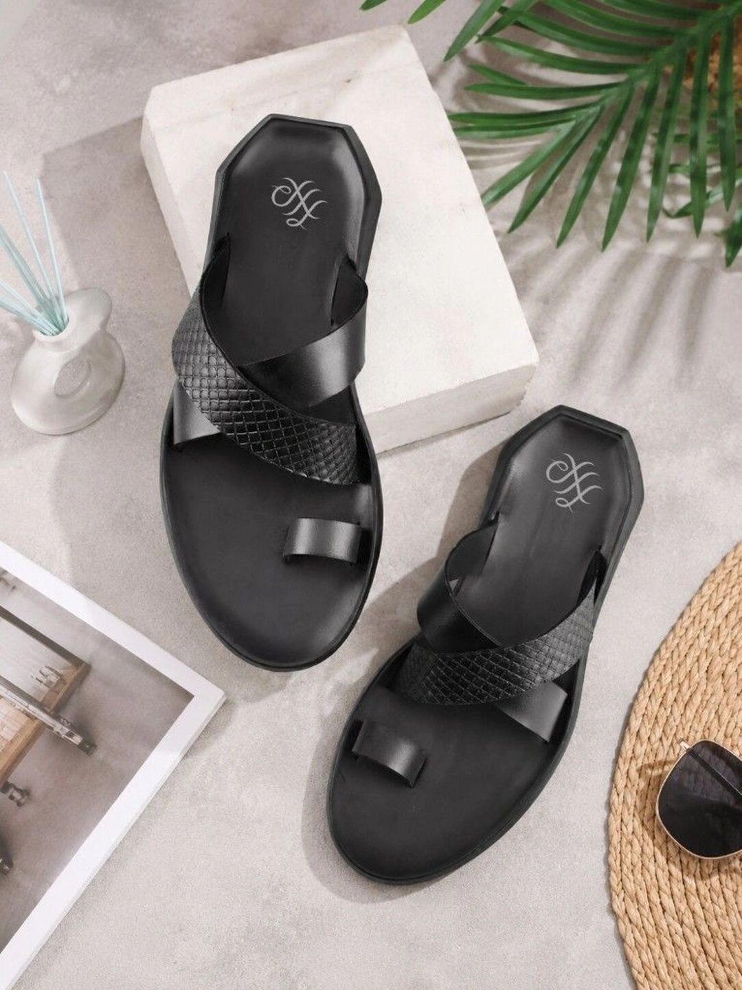 House of Pataudi Men Black Leather Textured Casual Slip On Pu Comfort Sandals
