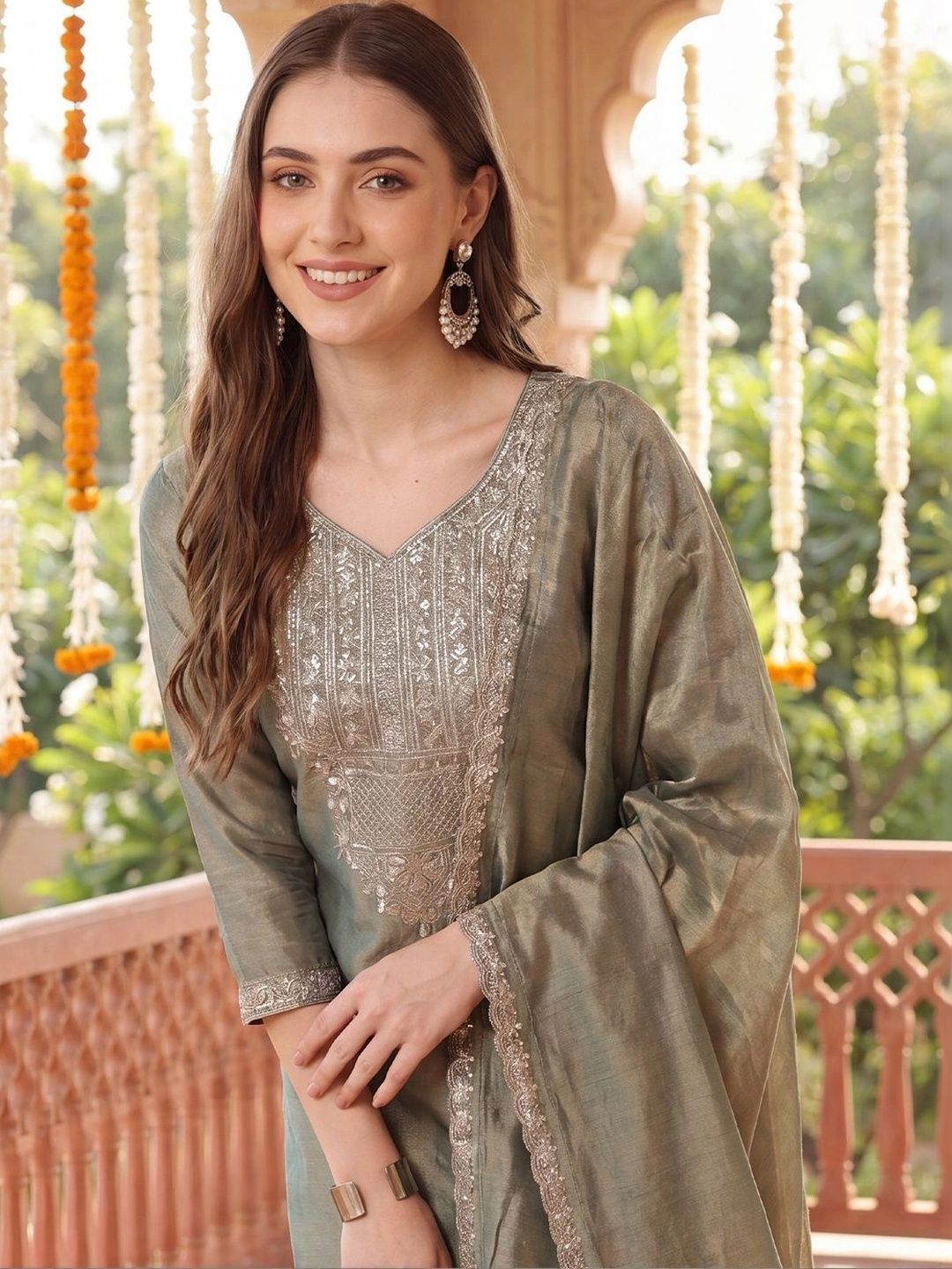 Indo Era Indo Era Women Ethnic Motifs Embroidered Regular Liva Kurta with Trousers & With Dupatta