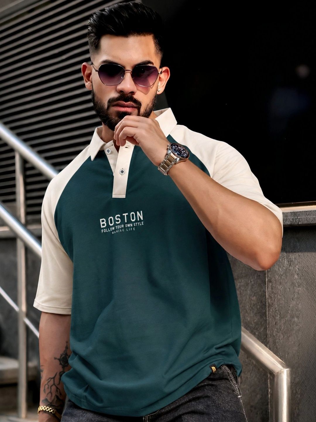 Maniac Men Typography Colourblocked Polo Collar T-shirt