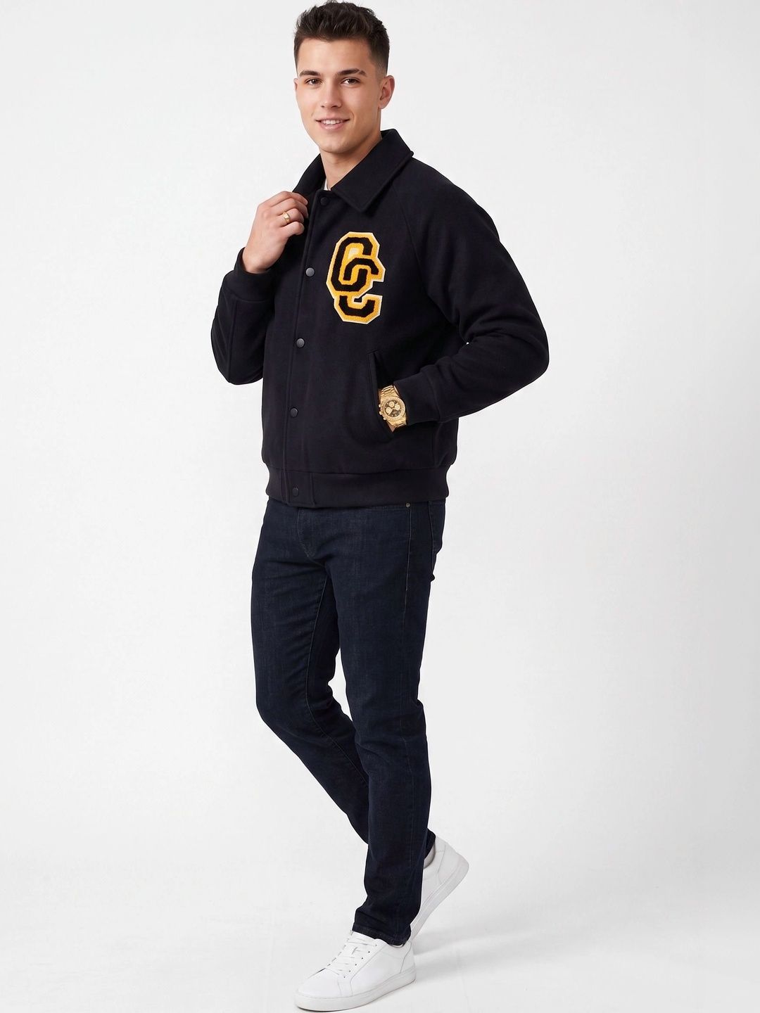 oiin Men Brand Logo Fleece Blend Varsity Jacket