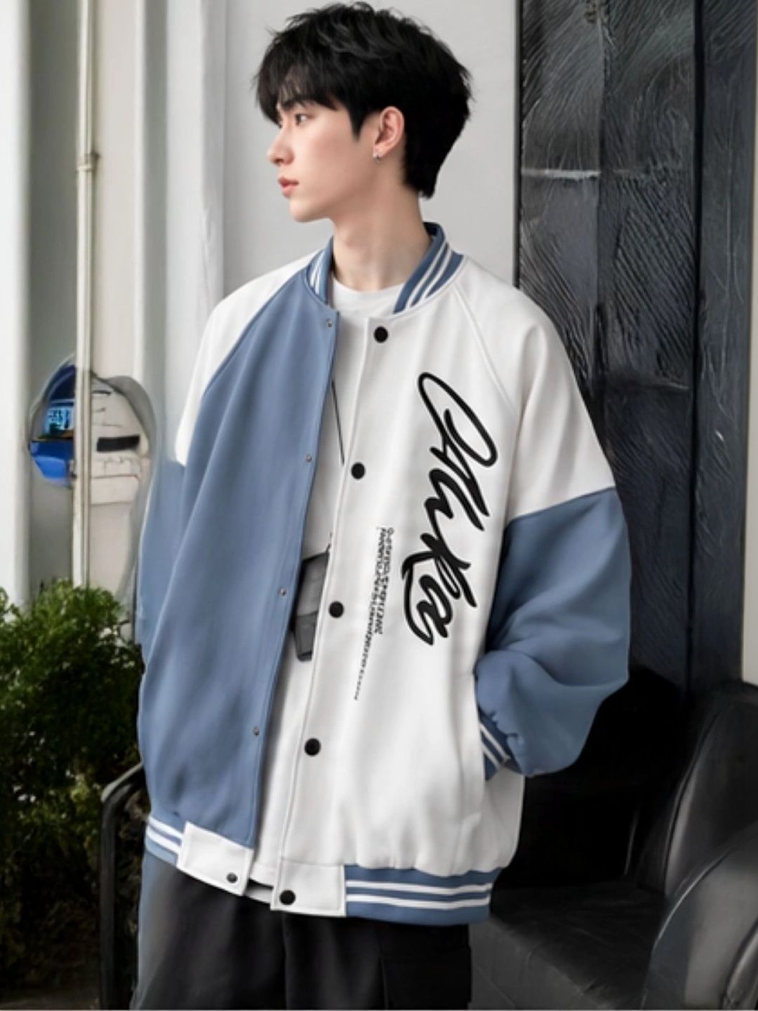 KPOP Men Typography Colourblocked Varsity Jacket