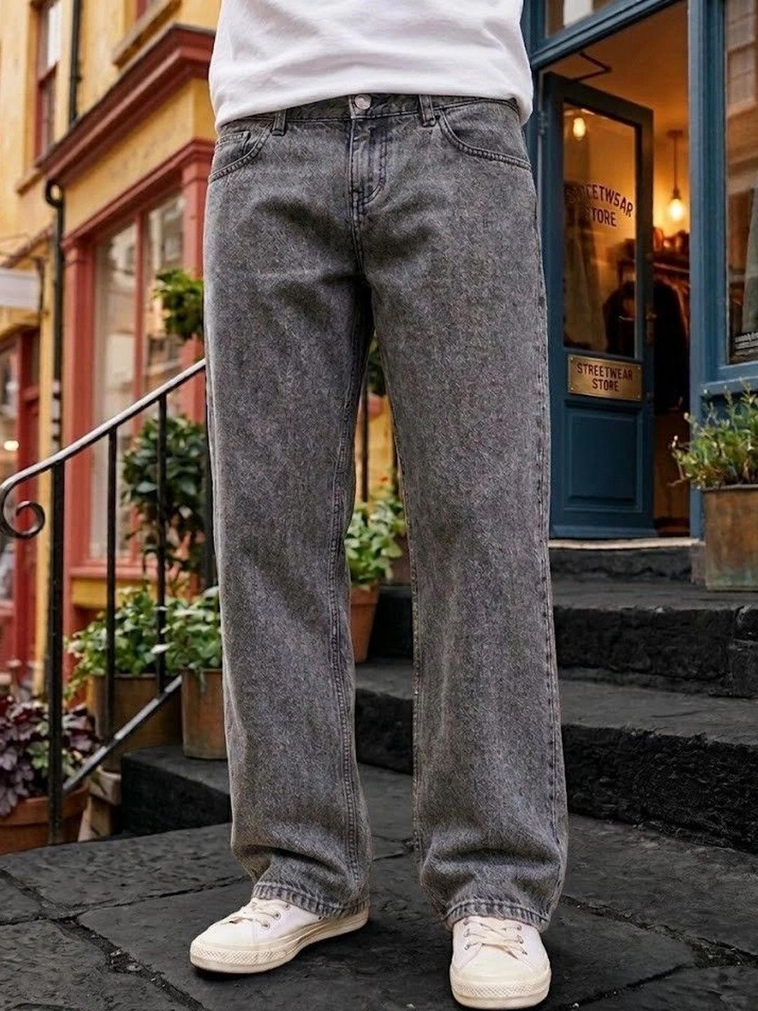 WOOMNY Men Wide Leg Mid-Rise Acid Wash Jeans