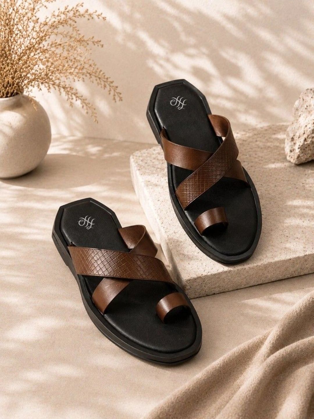 House of Pataudi Men Brown Leather Textured Casual Slip On Pu Comfort Sandals