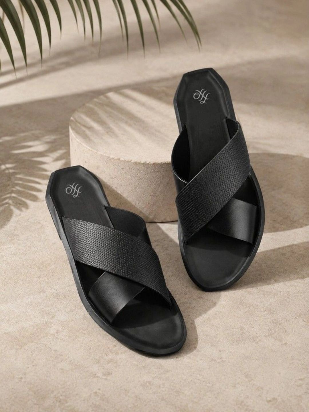 House of Pataudi Men Black Leather Textured Casual Slip On Pu Comfort Sandals