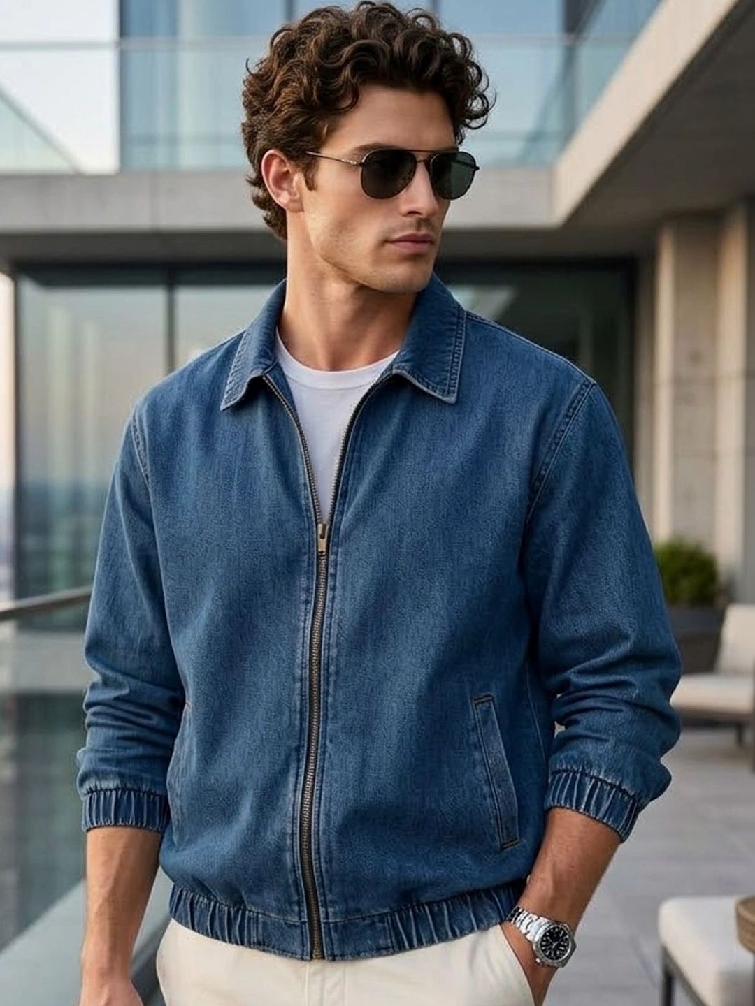 Urbano Fashion Men's Blue Relaxed Fit Full Sleeve Harrington Denim Jacket