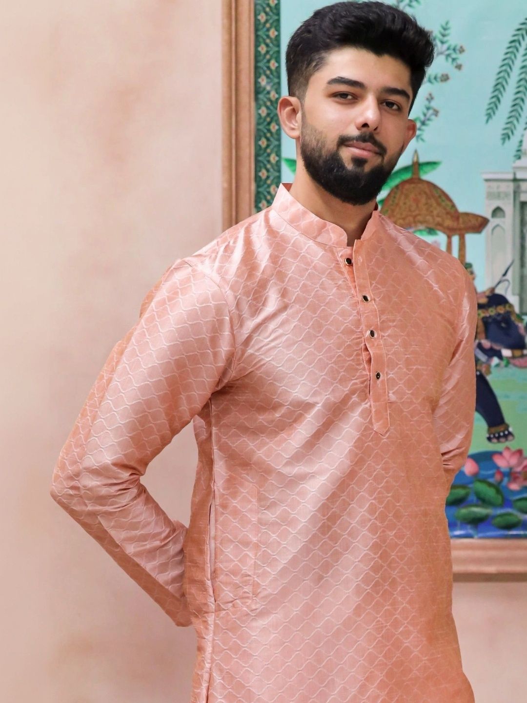 Koshin Geometric Woven Design Mandarin Collar Jacquard Silk Straight Kurta