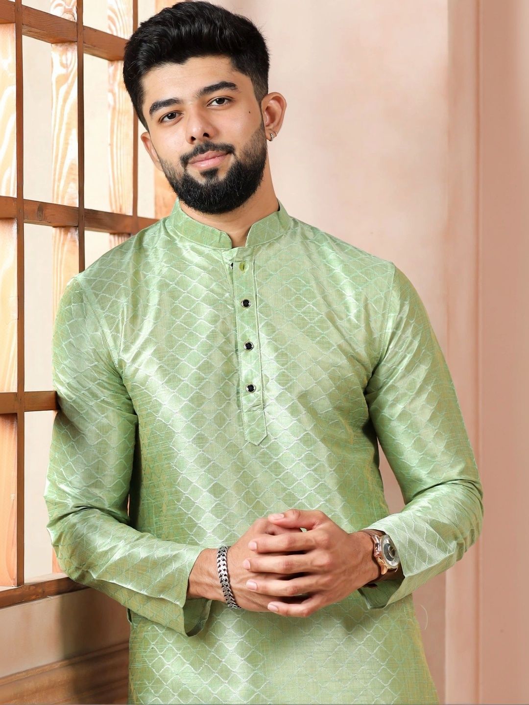 Koshin Geometric Woven Design Mandarin Collar Jacquard Straight Kurta