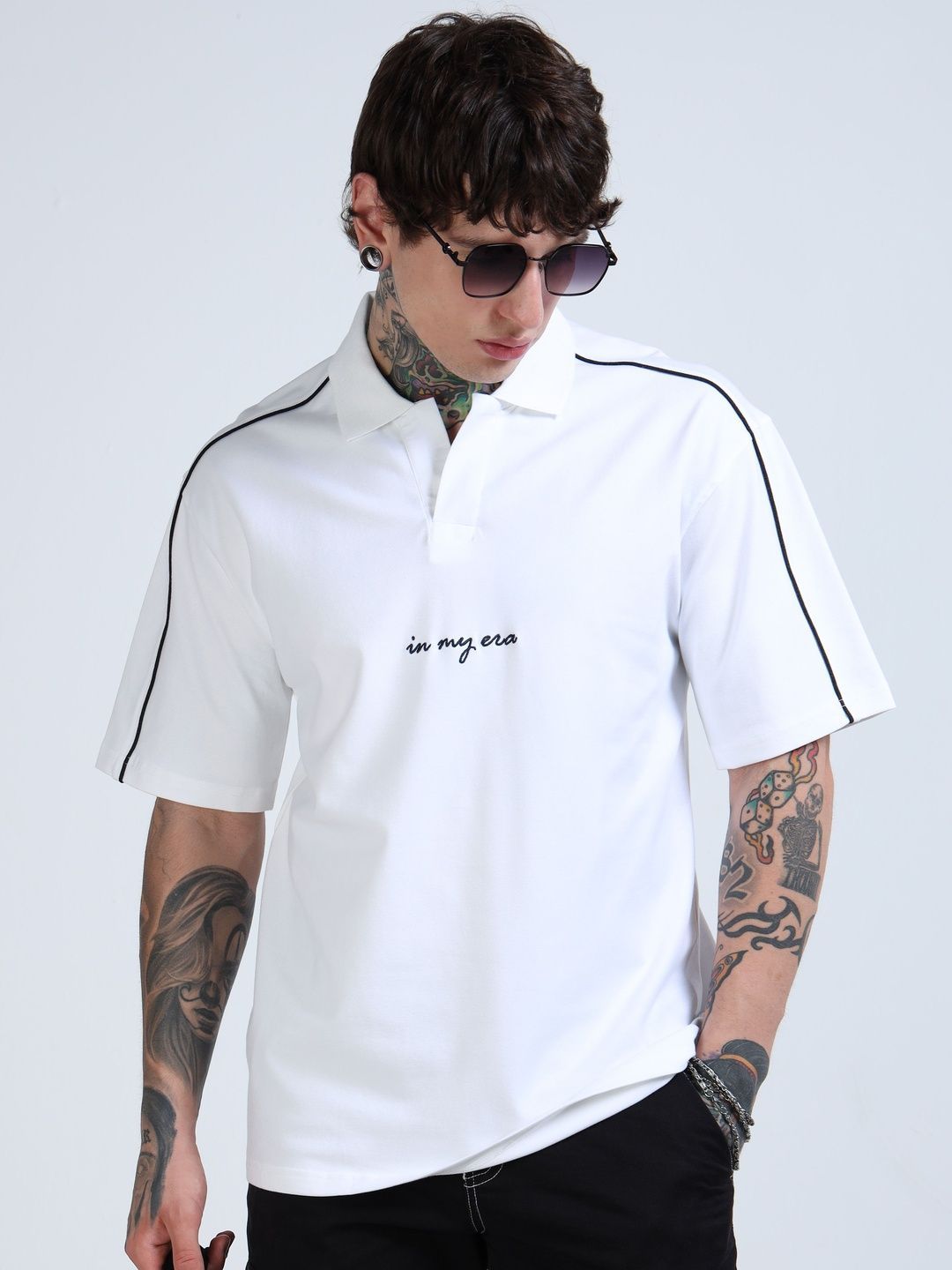 glitchez glitchez Men Typography Printed Polo Collar Cotton Oversized T-shirt
