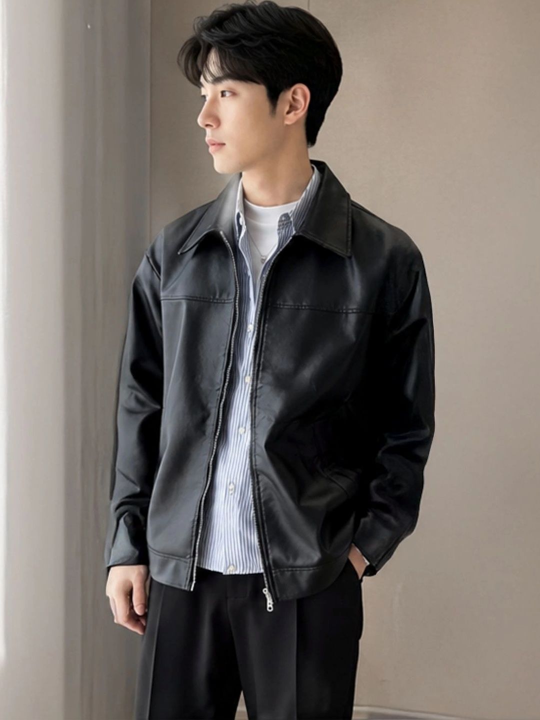 KPOP Men Spread Collar Solid Lightweight Leather Jacket