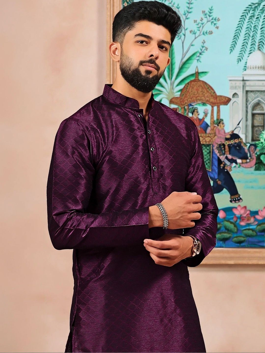 Koshin Geometric Woven Design Mandarin Collar Jacquard Silk Straight Kurta