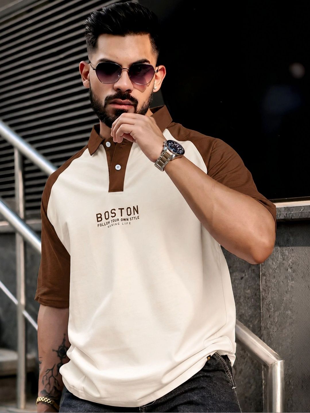 Maniac Men Typography Colourblocked Polo Collar T-shirt