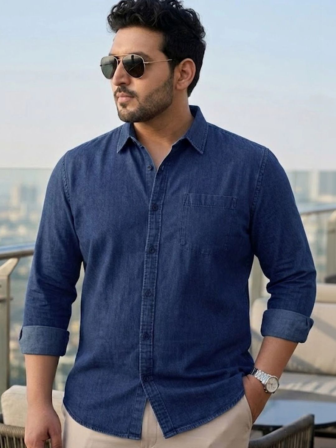 Urbano Plus Plus Size Spread Collar Roll-Up Sleeves Denim Casual Shirt