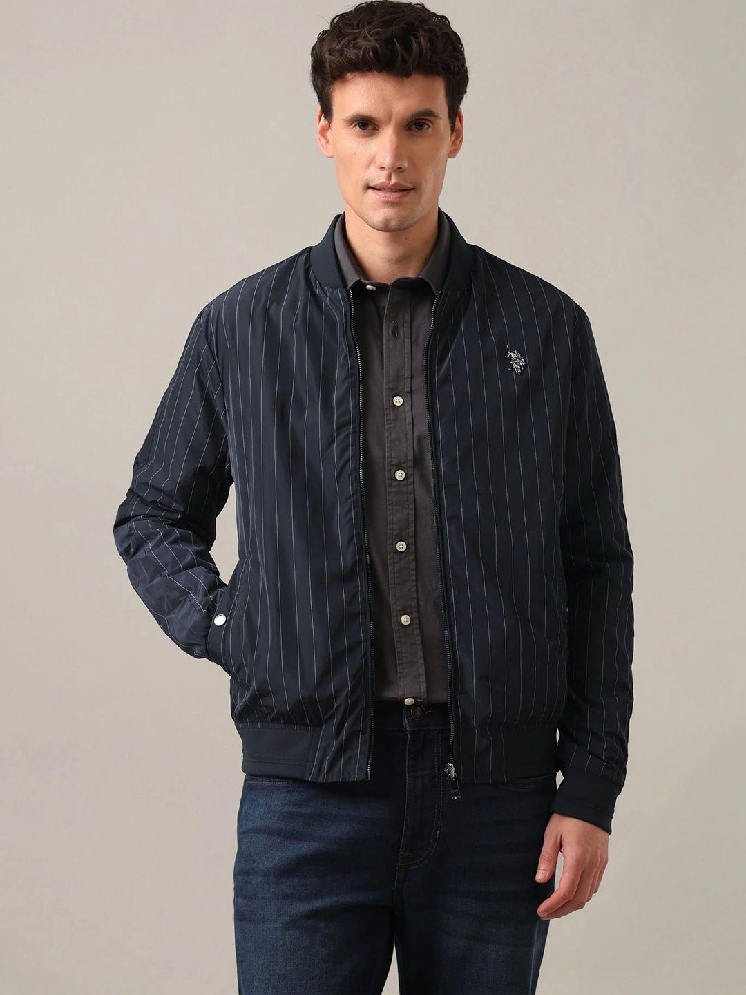 U.S. Polo Assn. Men Stand Collar Striped Casual Bomber Jacket