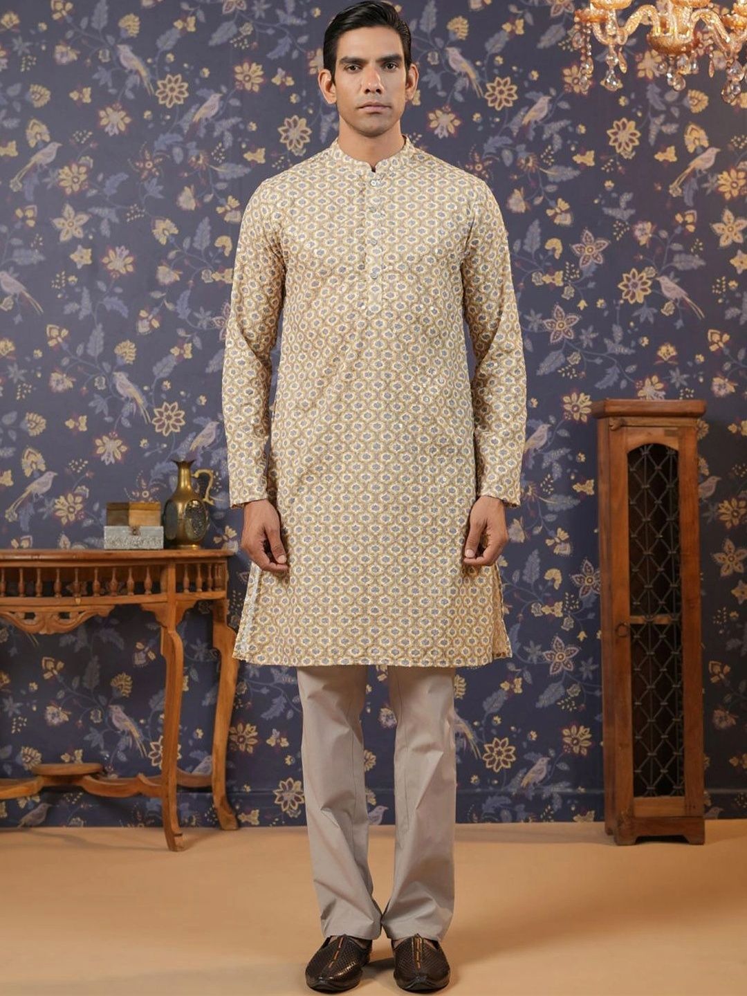 House of Pataudi Mens Pure Cotton Printed Mandarin Collar Straight Kurta