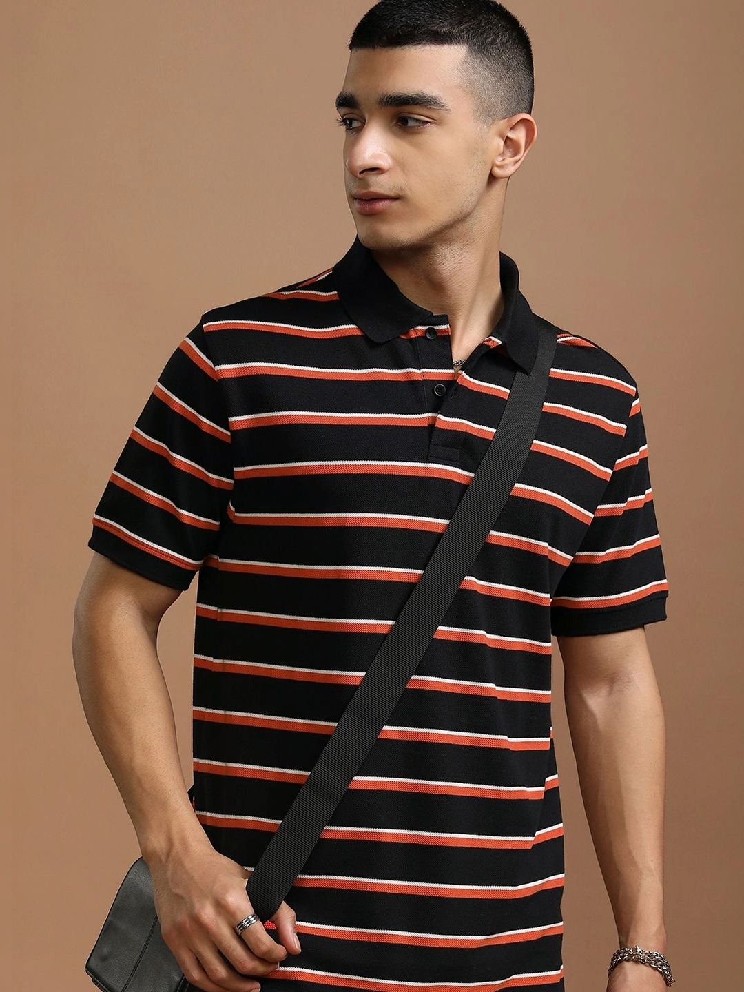 HIGHLANDER Men Striped Polo Collar Relaxed Fit T-shirt