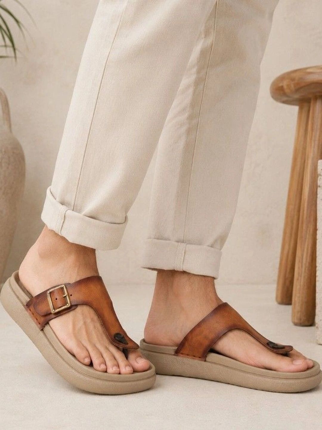 Roadster Men Tan Leather Casual Slip On Comfort Sandals