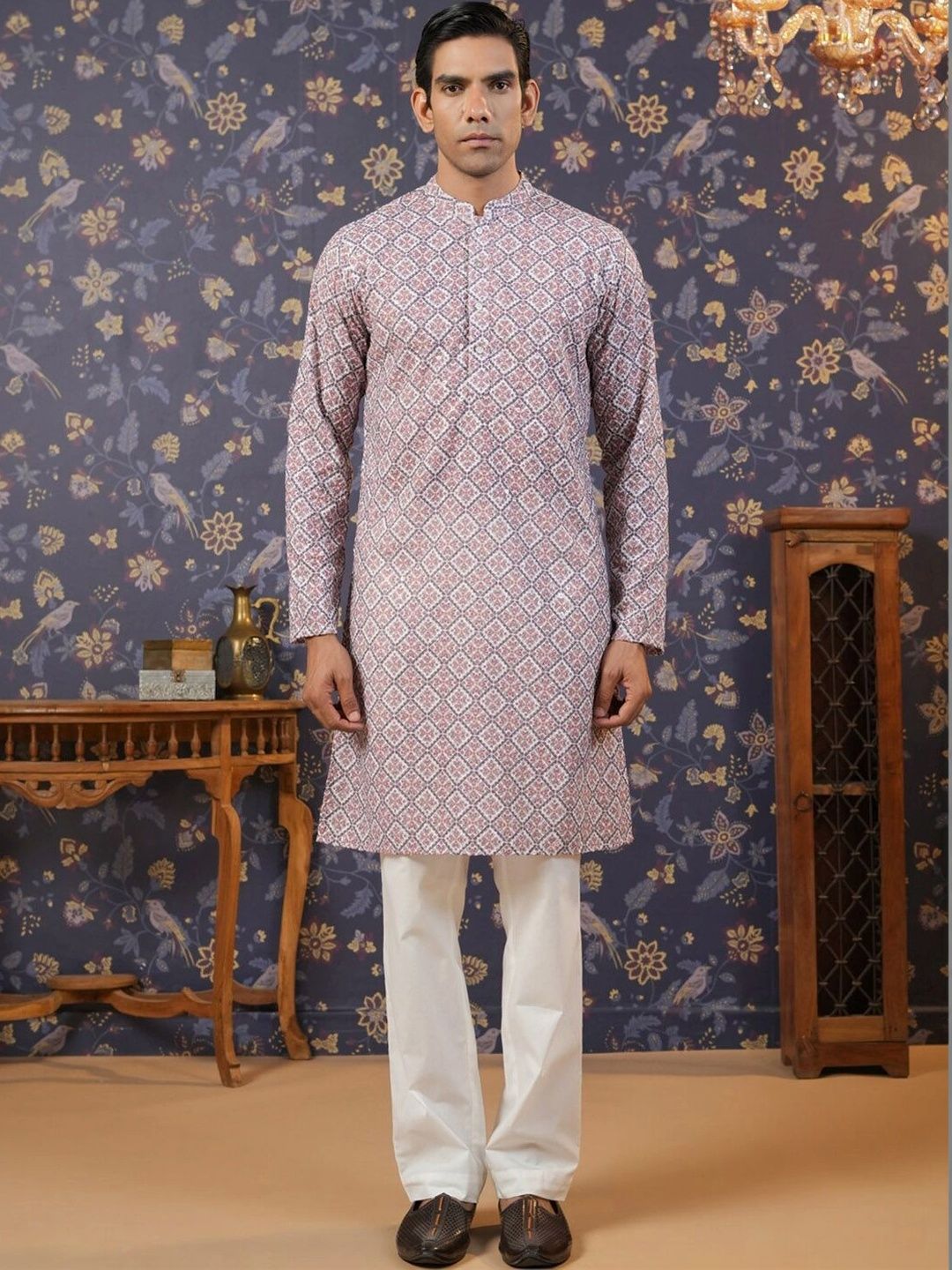 House of Pataudi Mens Ethnic Pure Cotton Motifs Printed Straight Kurta