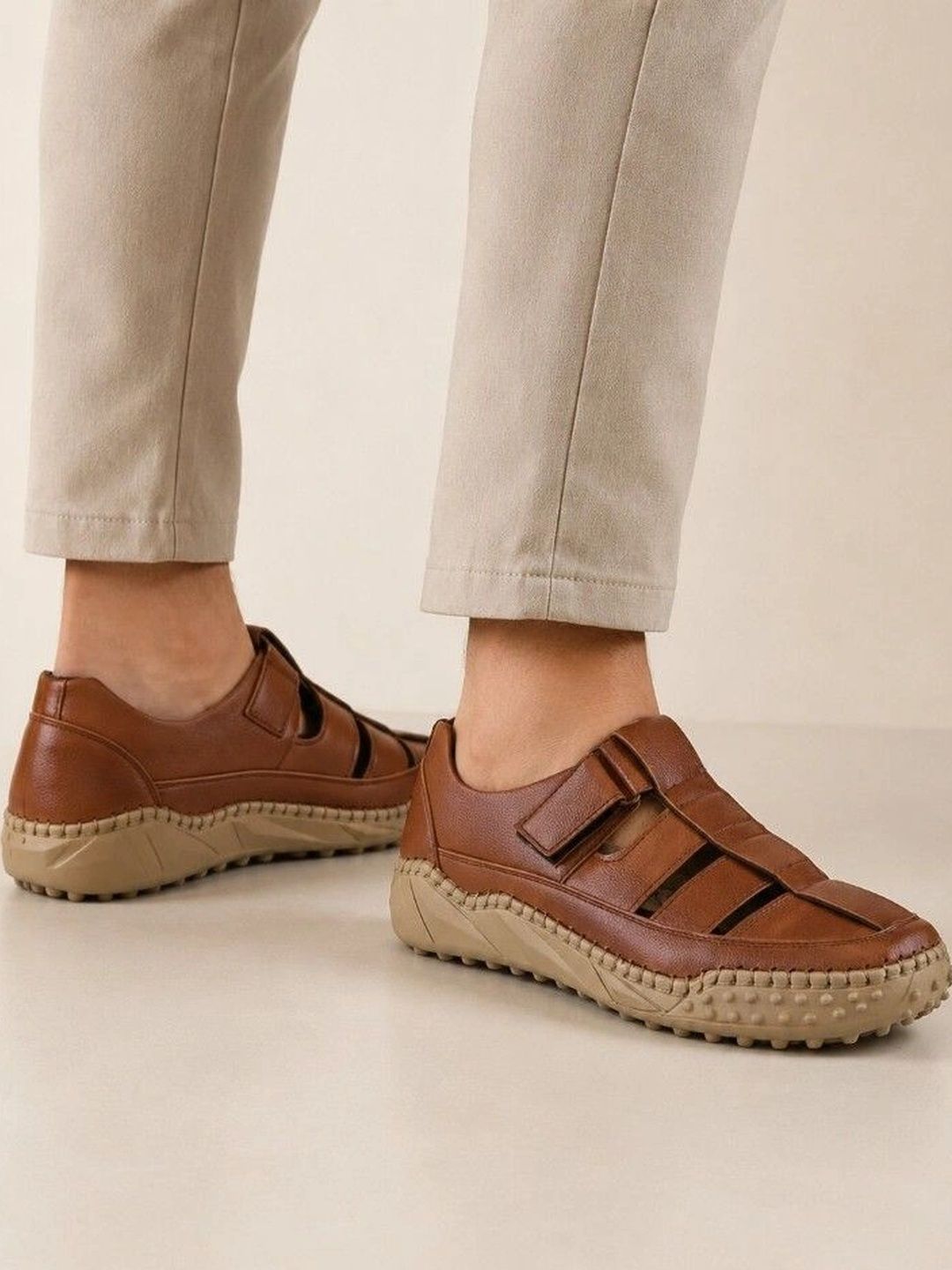 Roadster Men Tan Leather Height Increasing Casual Comfortable Slip On Shoe Style Sandals