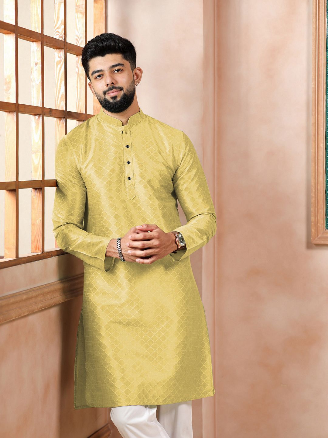 Koshin Geometric Woven Design Mandarin Collar Art Silk Straight Kurta