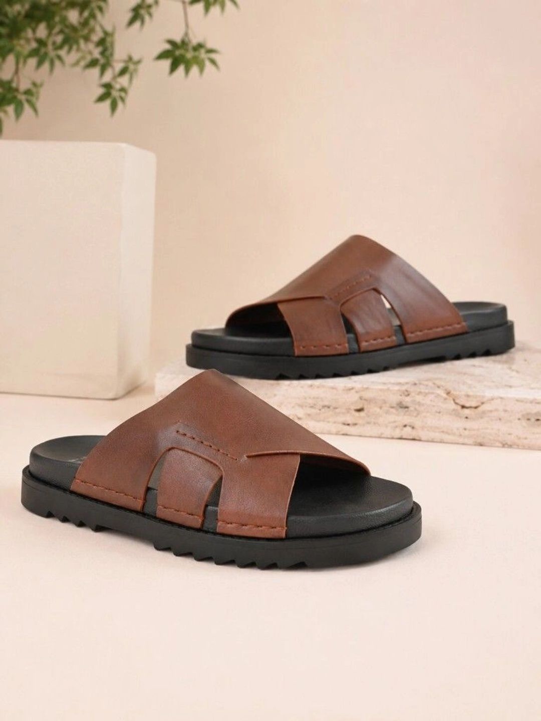 San Frissco Men Tan Leather Casual Slip On Round Toe Comfortable Sandals