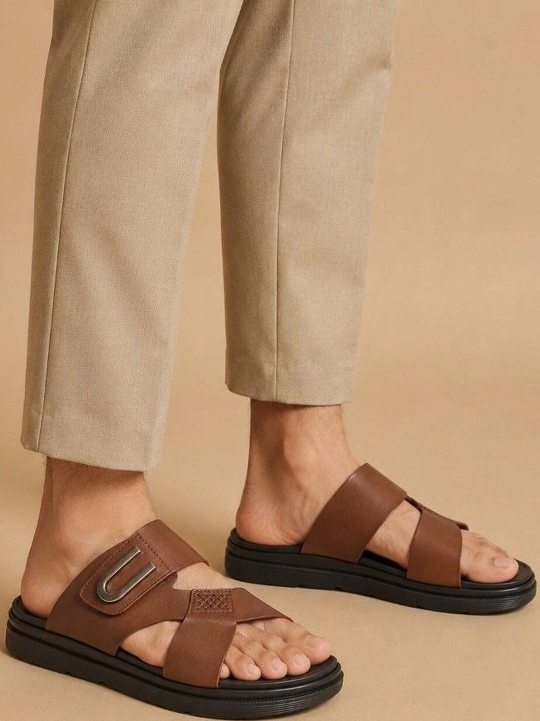 San Frissco Men Tan Leather Casual Slip On Comfortable Durable Sandals