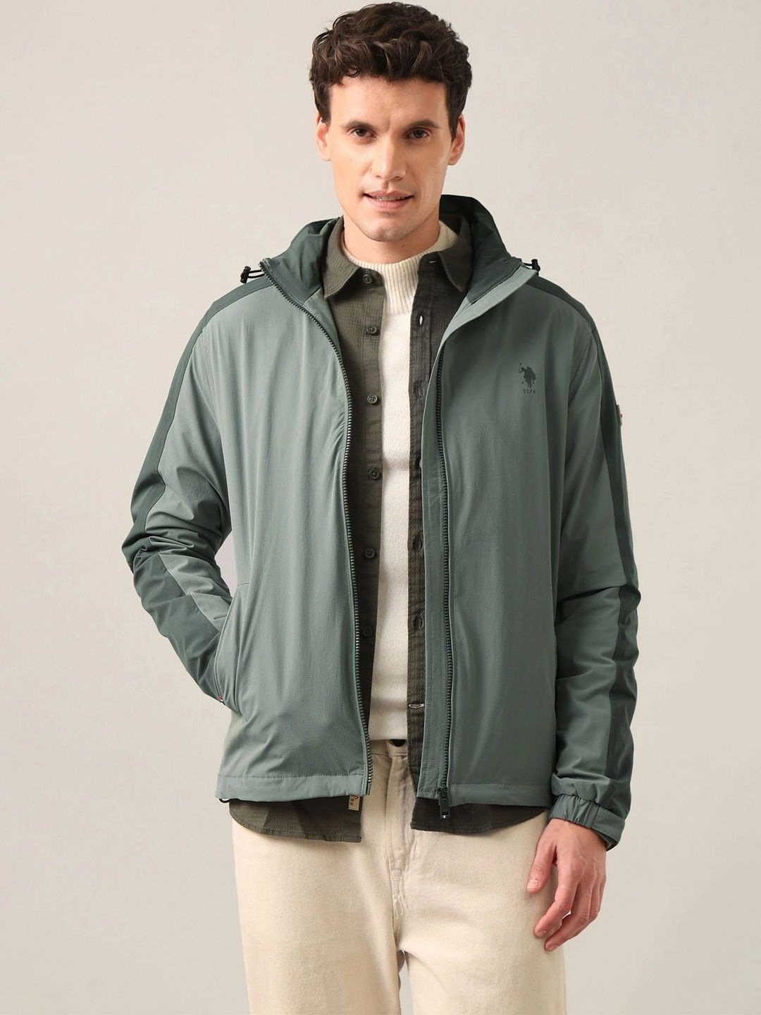 U.S. Polo Assn. Men Hooded Colourblocked Casual Tailored Jacket