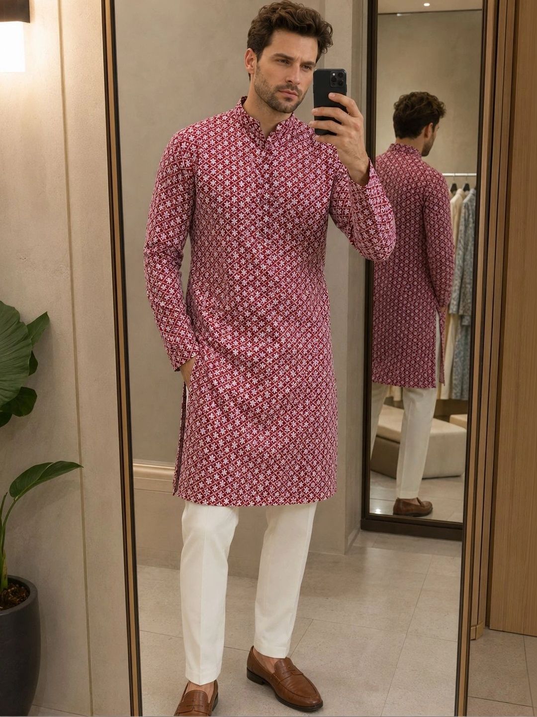 Anouk Men Geometric Embroidery Knee Length Straight Kurta