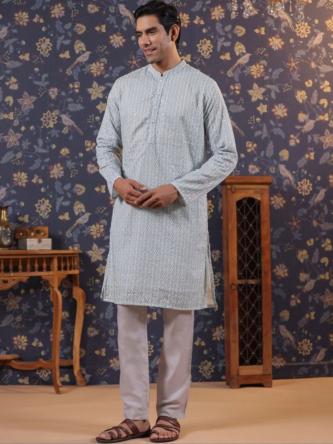 House of Pataudi Mens Pure Cotton Ethnic Motifs Printed Mandarin Collar Thread Work Straight Kurta