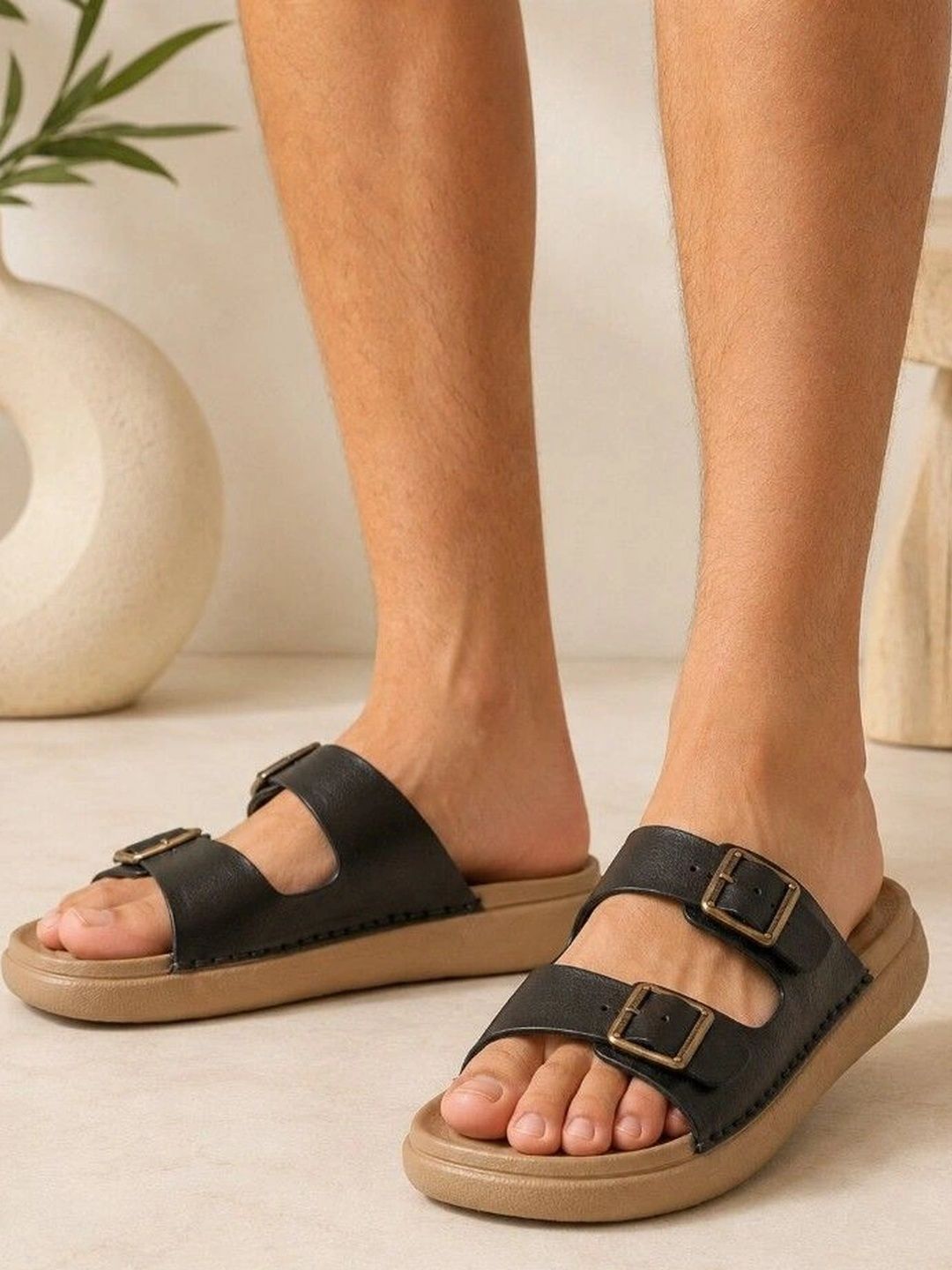 Roadster Men Black Casual Open Toe Slip On Pu Comfort Sandals