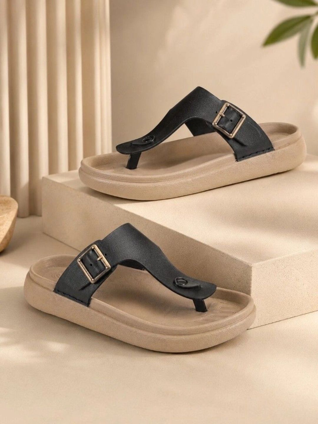 Roadster Men Black Leather Casual Slip On Comfort Sandals