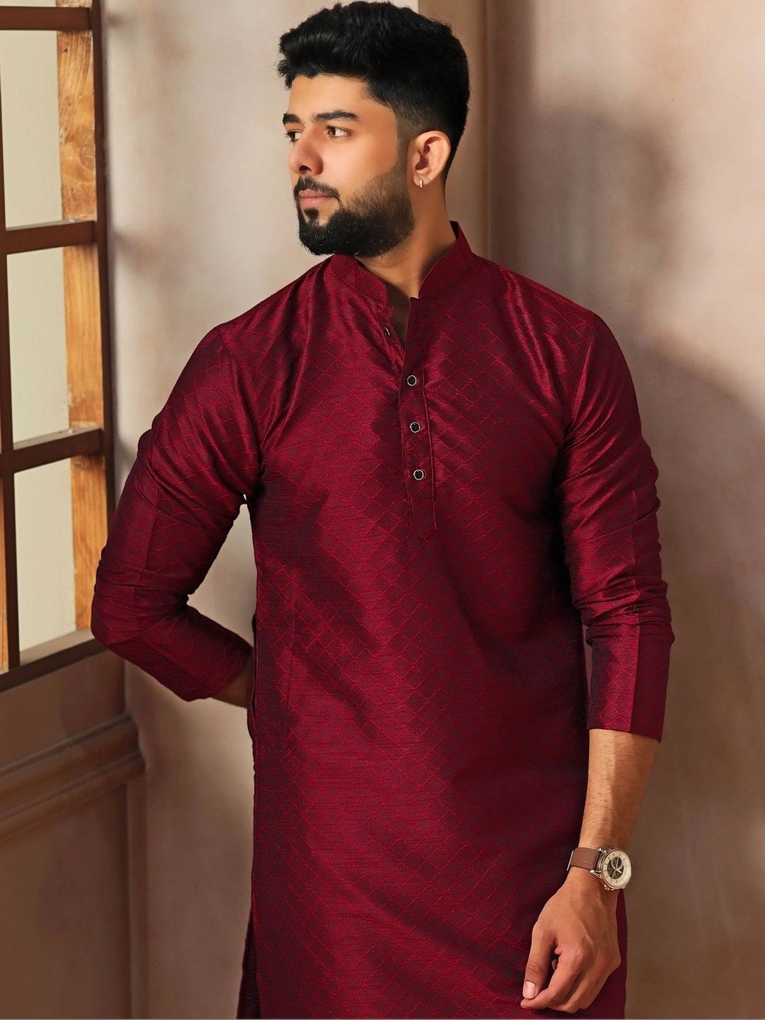 Koshin Mandarin Collar Jacquard Straight Silk Kurta