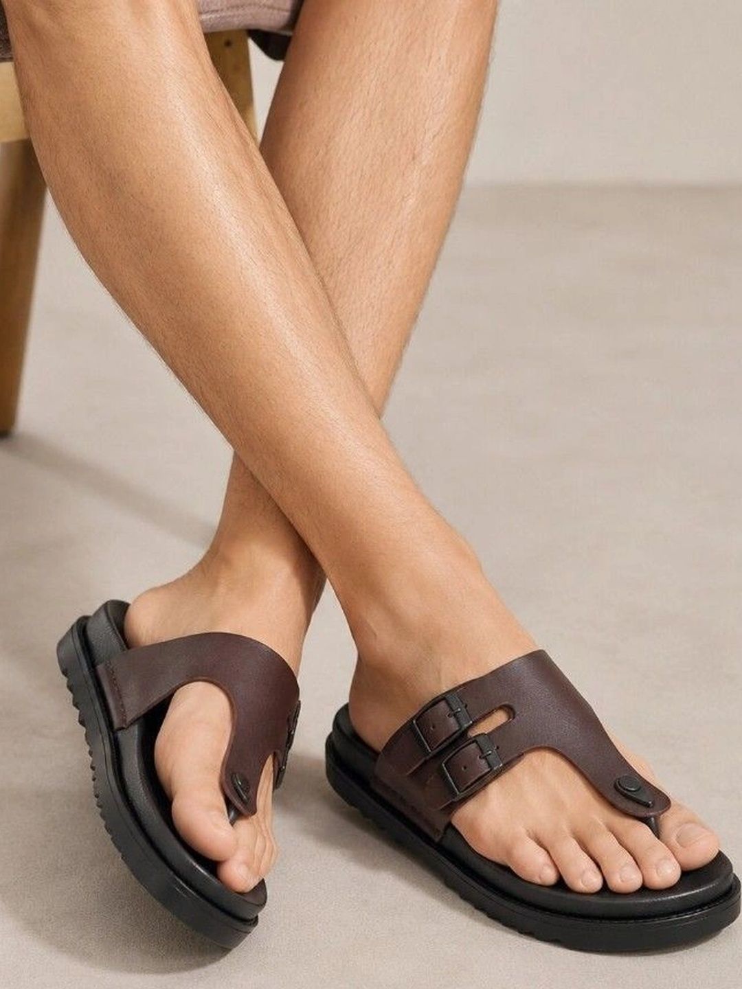San Frissco Men Brown Leather Casual Slip On T-Strap Comfortable Sandals
