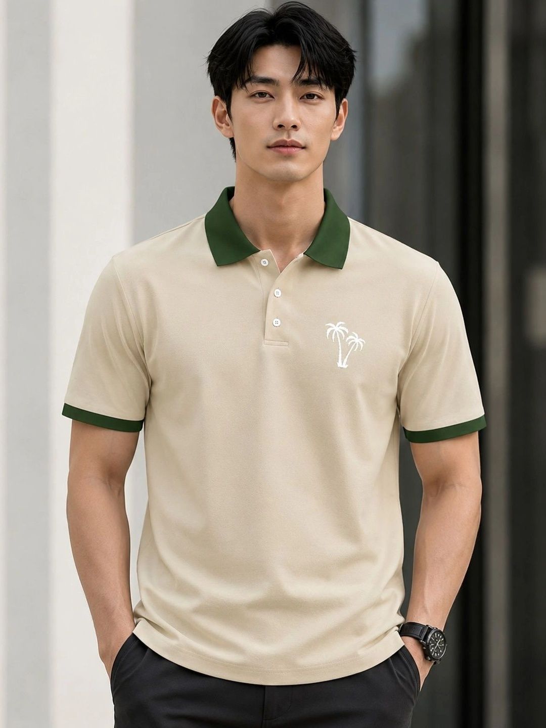 HERE&NOW Men Printed Polo Collar Tropical T-shirt