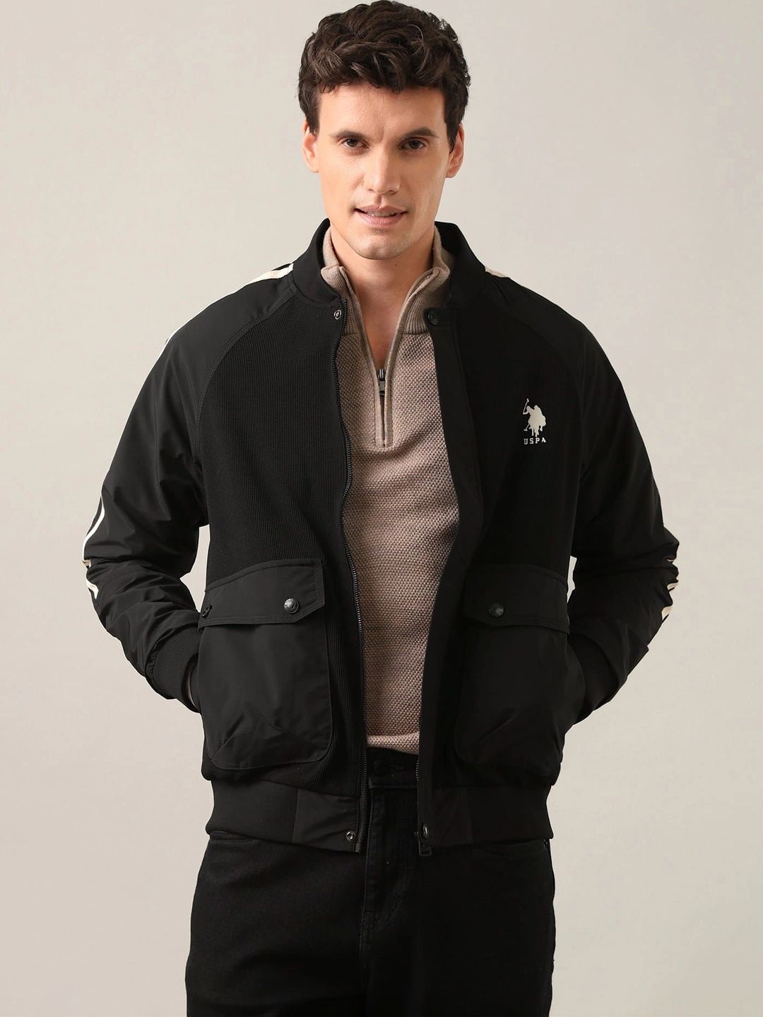 U.S. Polo Assn. Denim Co. Men Brand Logo Striped Bomber Jacket