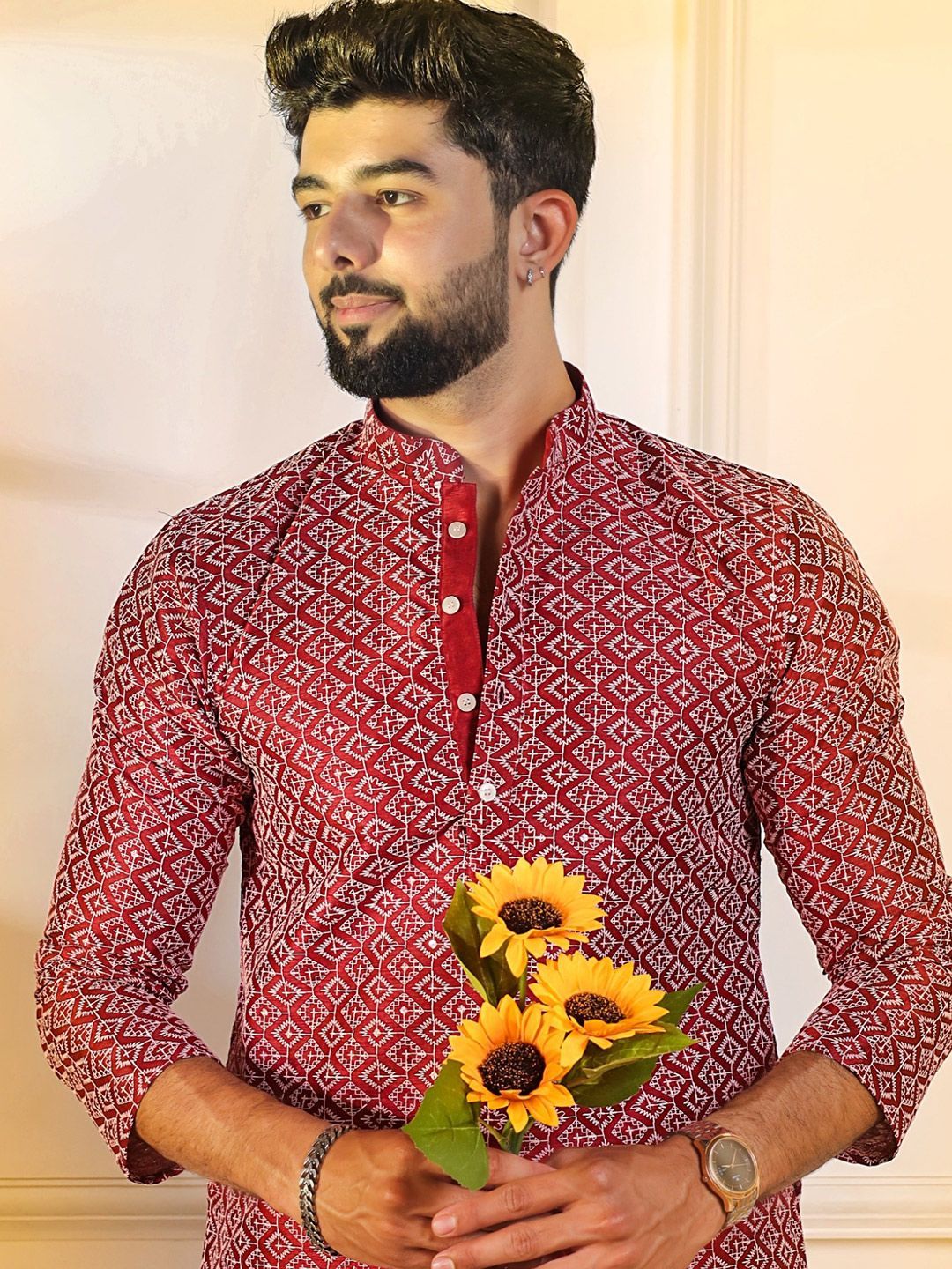 Koshin Men Printed Flared Sleeves Sequinned Jacquard Kurta