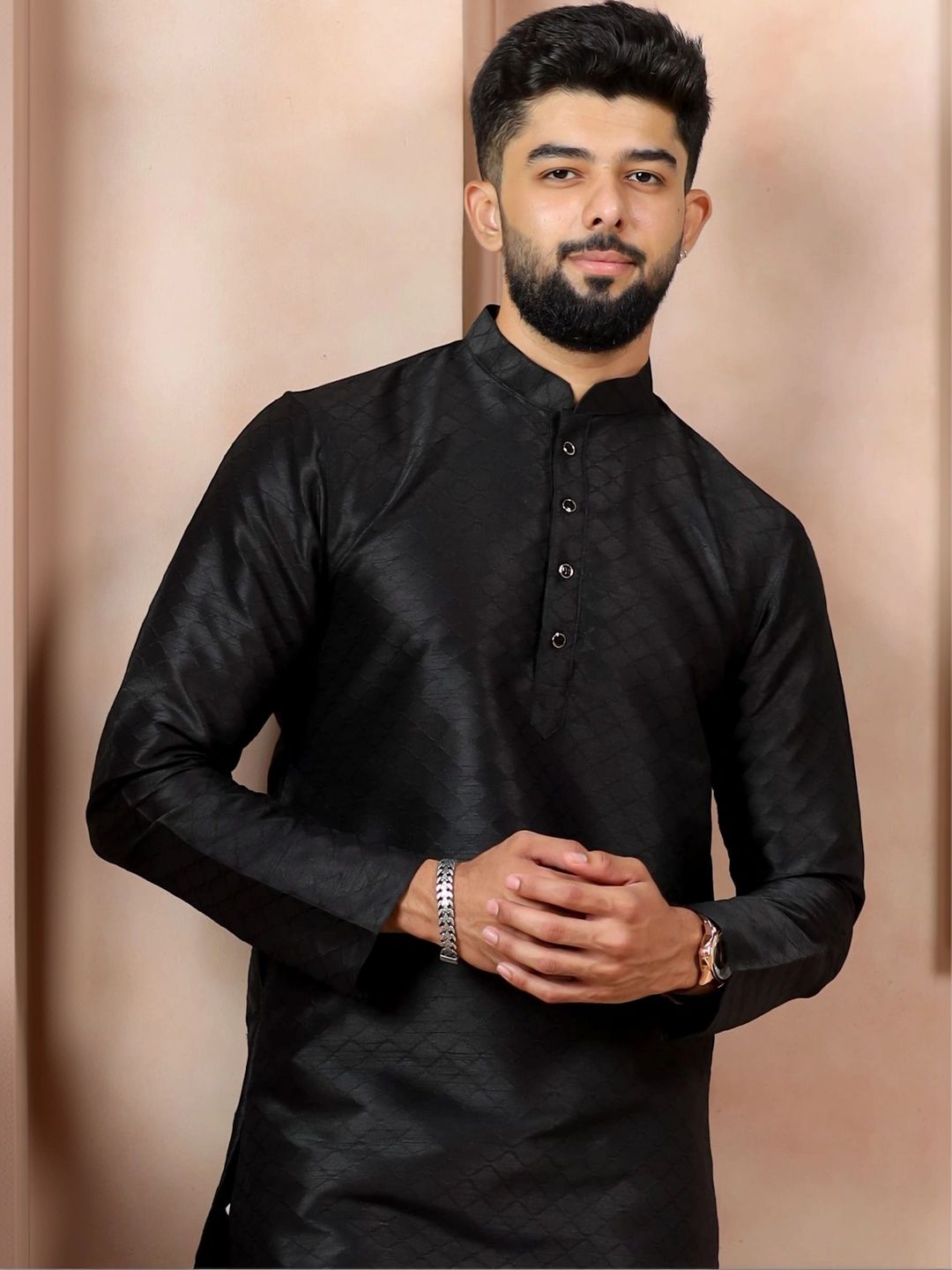 Koshin Thread Work Woven Design Jacquard Mandarin Collar Patani Silk Kurta