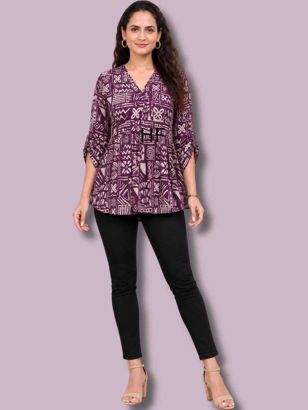 Buy ZELZIS Print Roll-Up Sleeves Cotton Blend Peplum Top - Tops