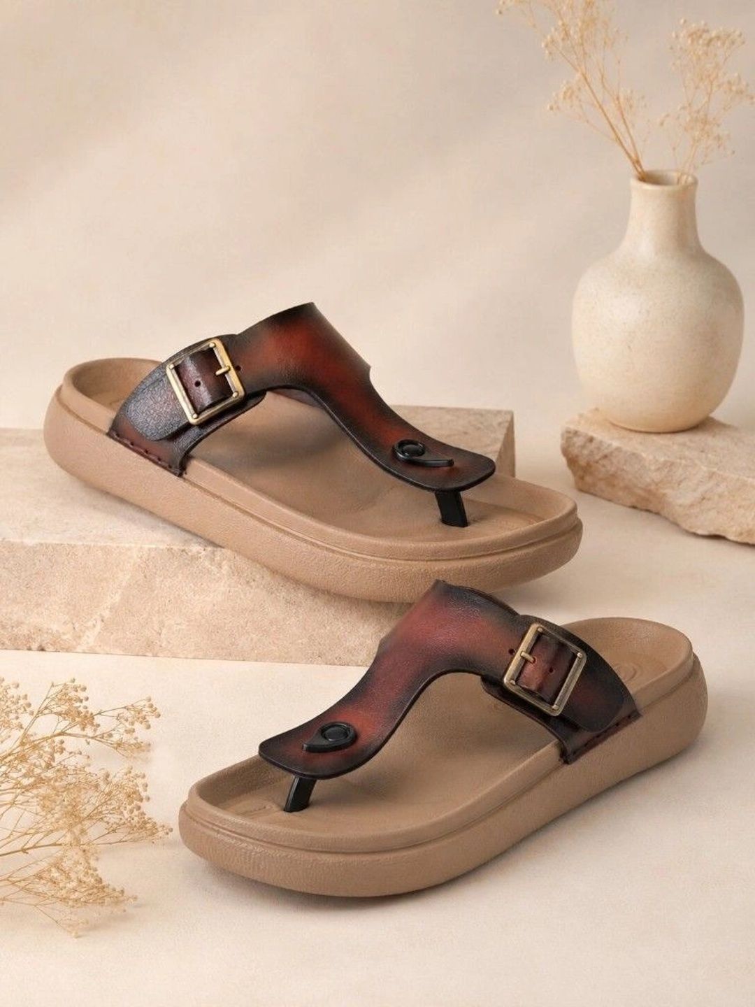 Roadster Men Brown Leather Casual Slip On Comfort Sandals