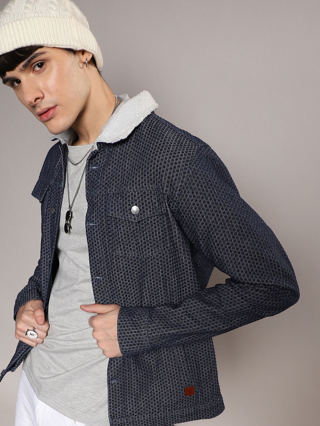 CAHOOT Campus Sutra Navy Blue Geometric Printed Windcheater Cotton Denim Jacket