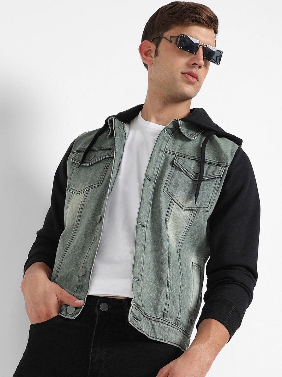 CAHOOT Grey & Black Colourblocked Washed Windcheater Hooded Cotton Denim Jacket