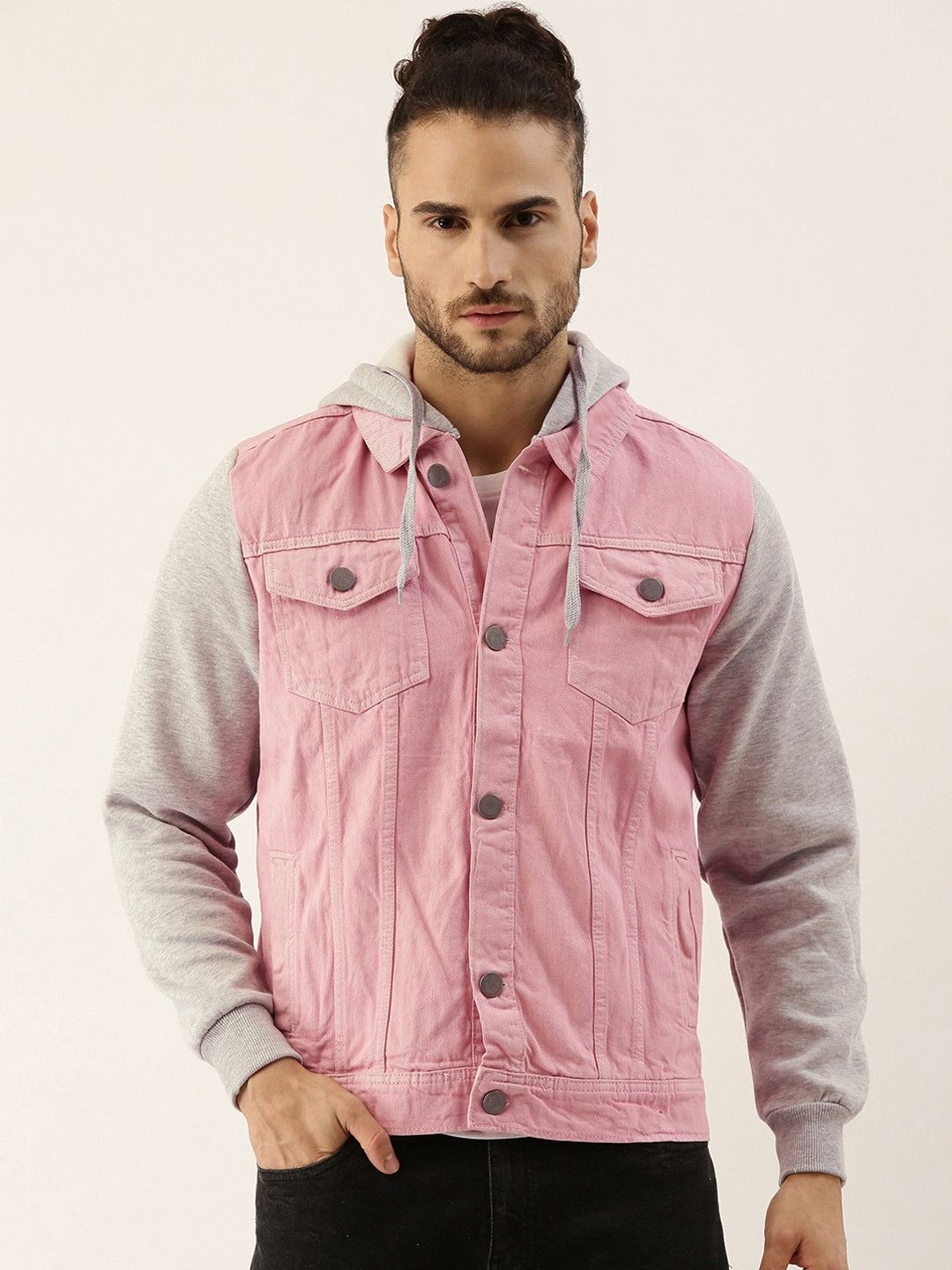 CAHOOT Men Pink & Grey Colourblocked Windcheater Outdoor Tailored Jacket