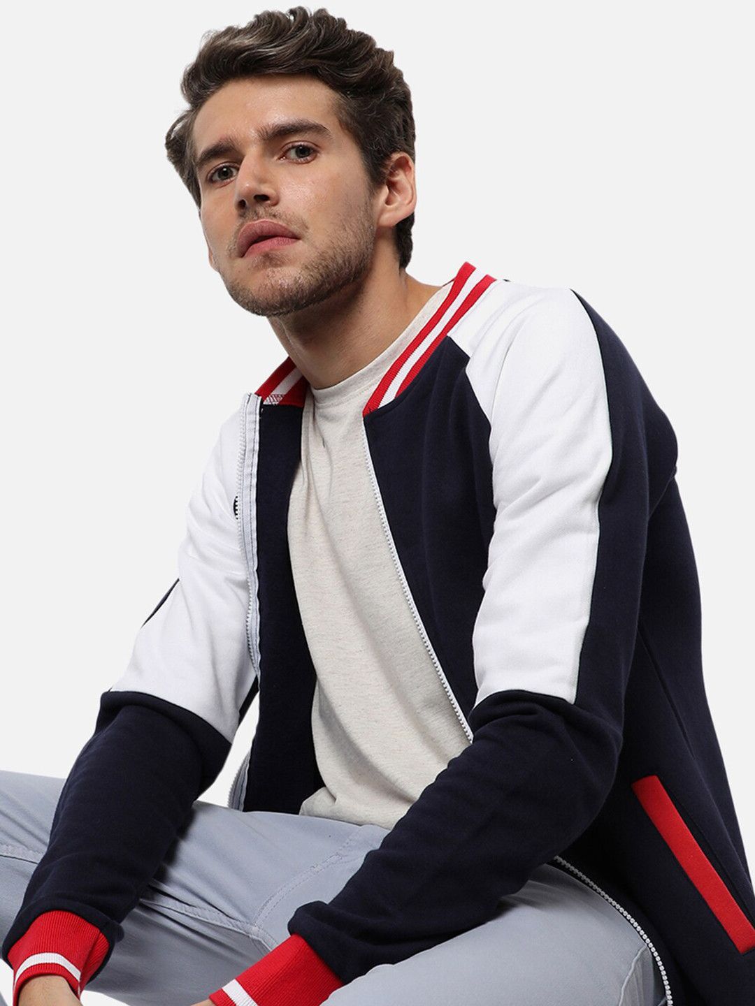CAHOOT Men Navy Blue White Colourblocked Varsity Jacket