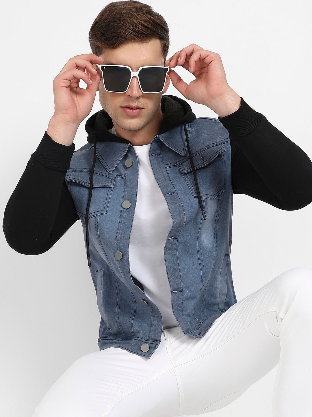CAHOOT Campus Sutra Hooded Windcheater Outdoor Denim Jacket with Patchwork