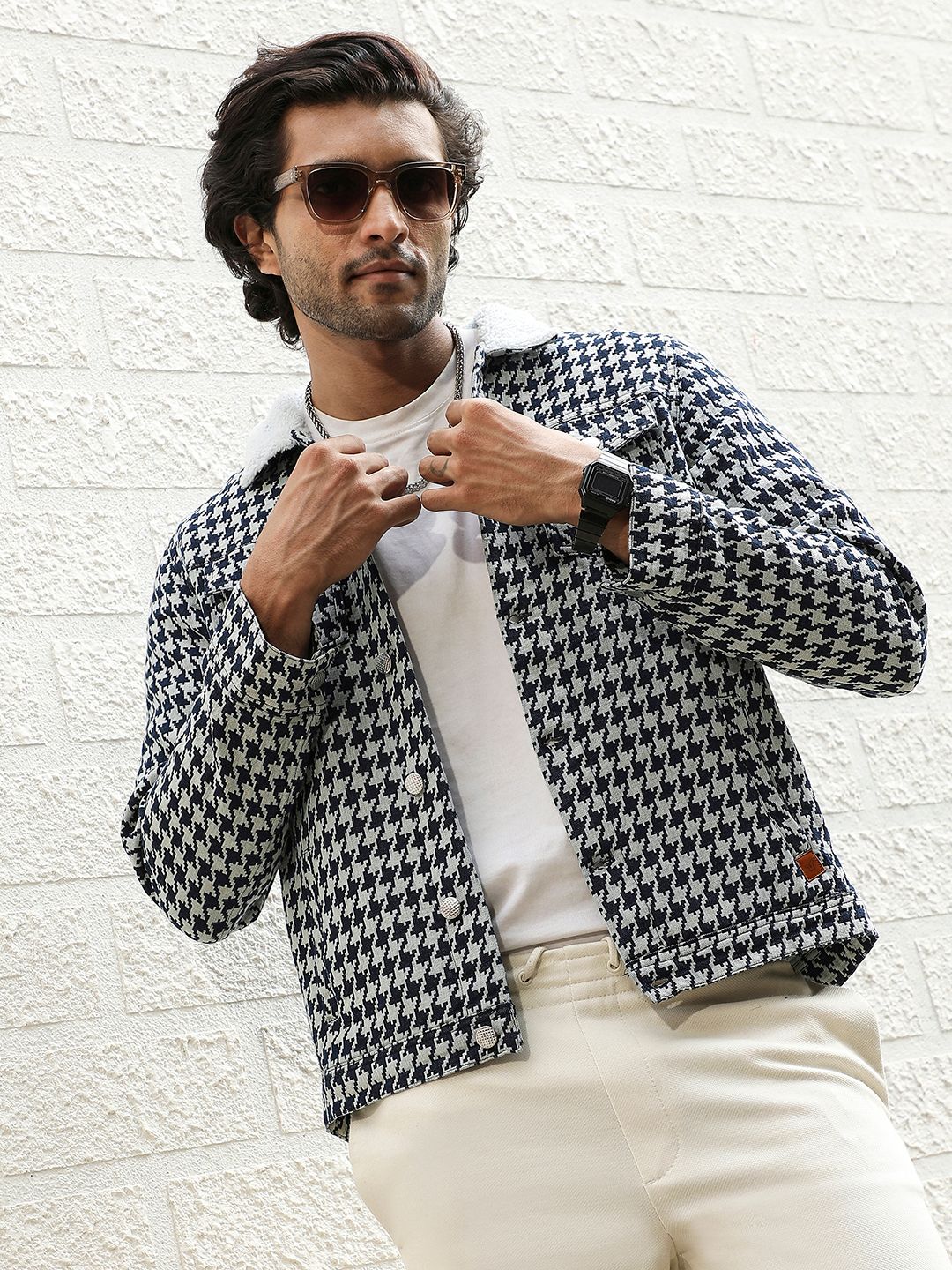 CAHOOT Navy Blue & White Geometric Printed Windcheater Cotton Denim Jacket
