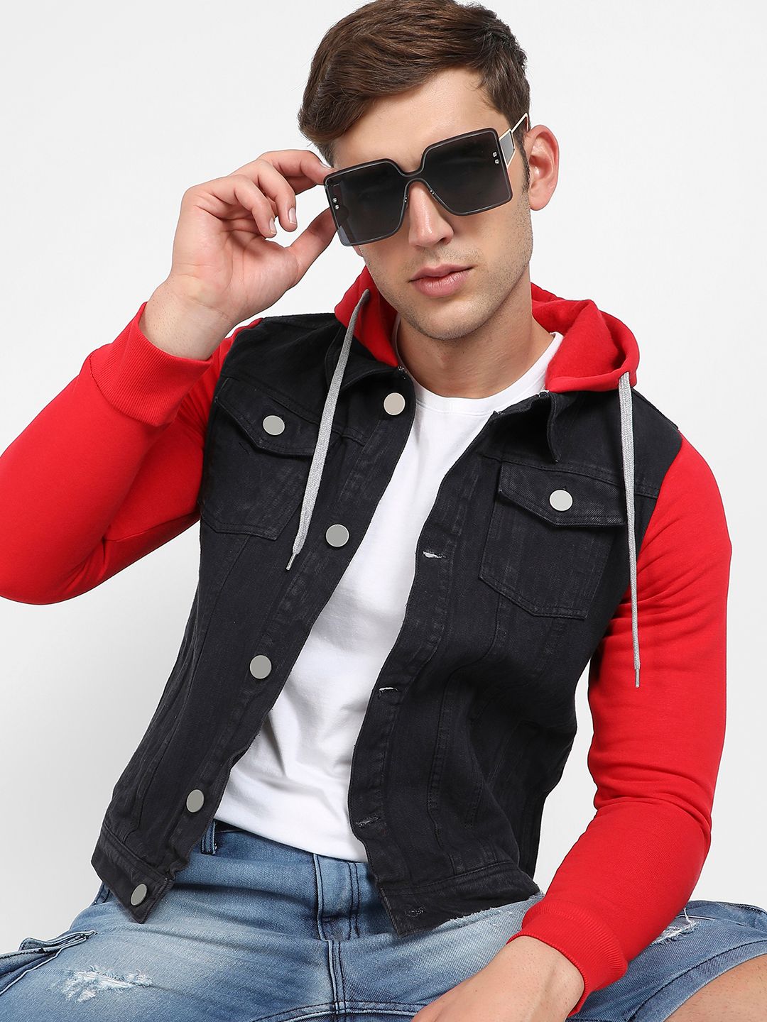 CAHOOT Black & Red Colourblocked Windcheater Hooded Cotton Denim Jacket
