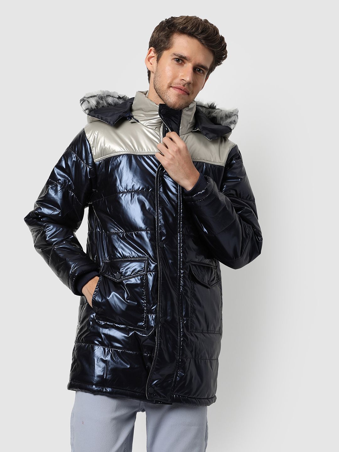 CAHOOT Men Navy Blue Windcheater Longline Puffer Jacket