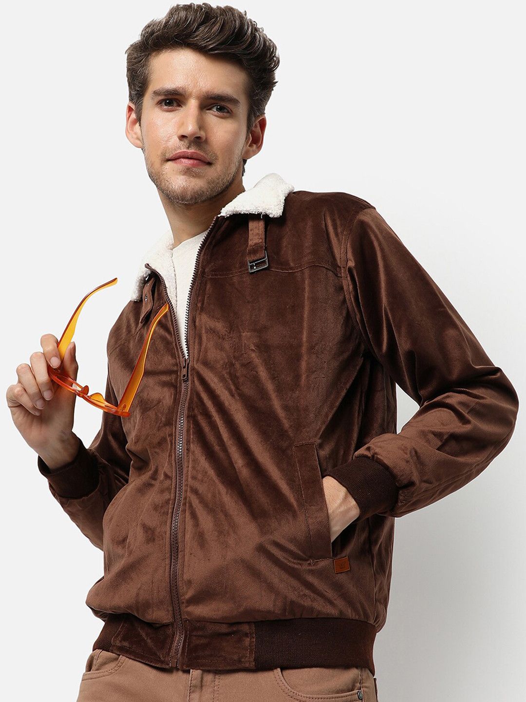 CAHOOT Men Brown Camouflage Suede Windcheater Outdoor Bomber Jacket