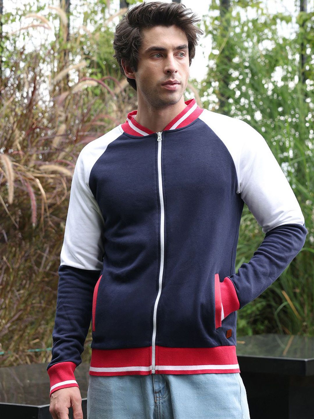CAHOOT Men Stand Collar Colourblocked Lightweight Bomber Jacket