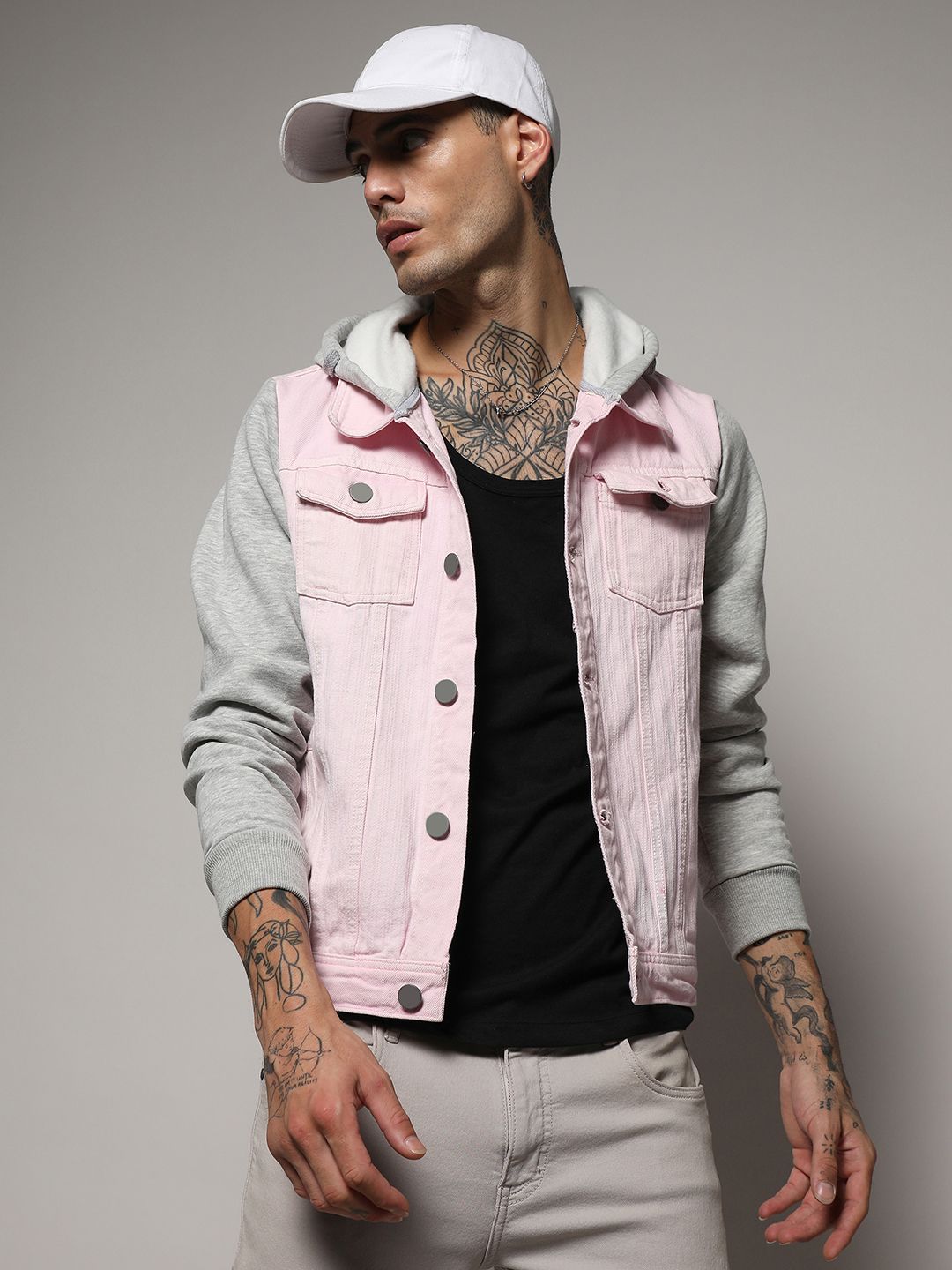 CAHOOT Pink Long Sleeves Windcheater Hooded Denim Jacket