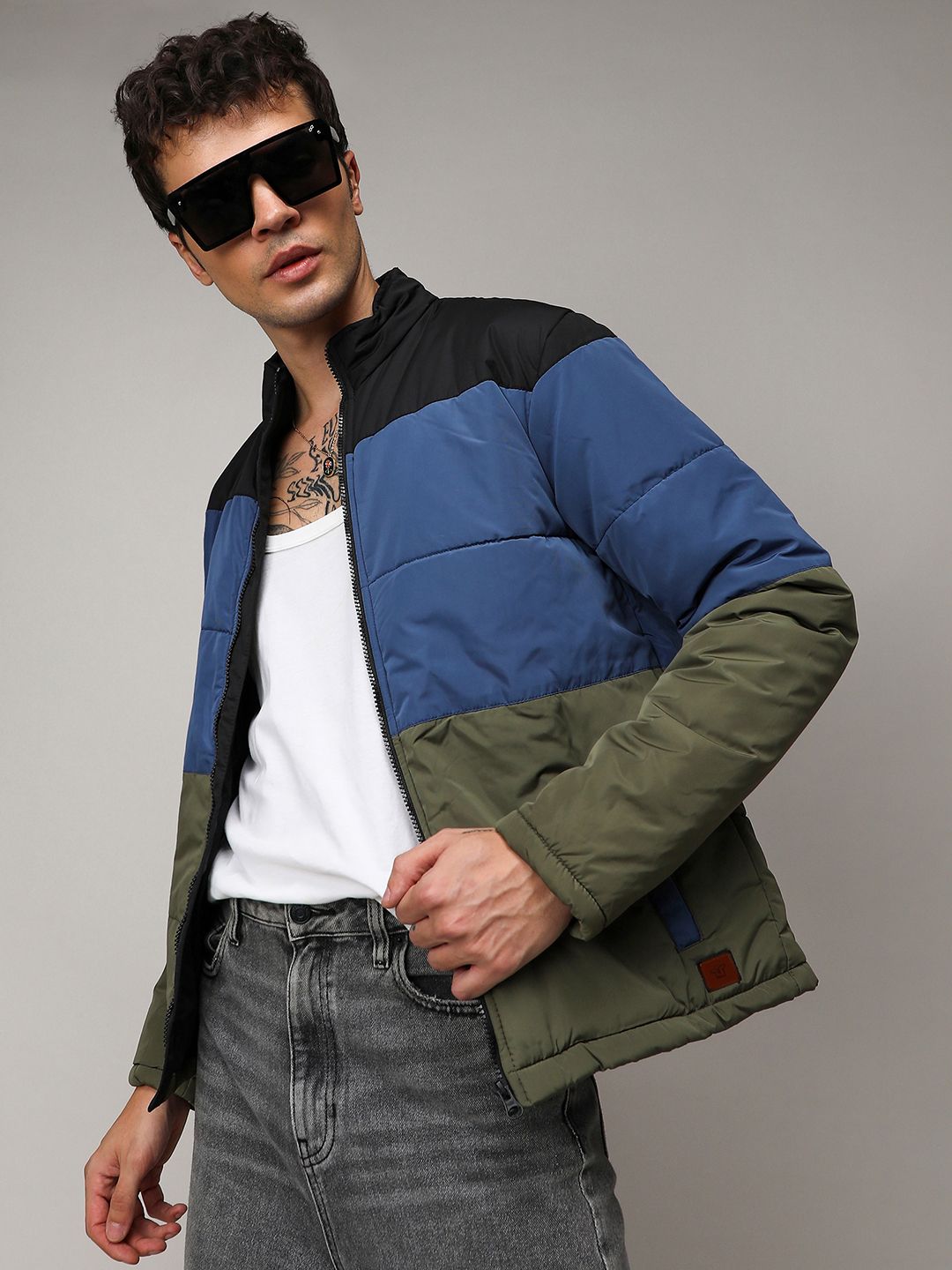 CAHOOT Blue Colourblocked Stand Collar Windcheater Bomber Jacket